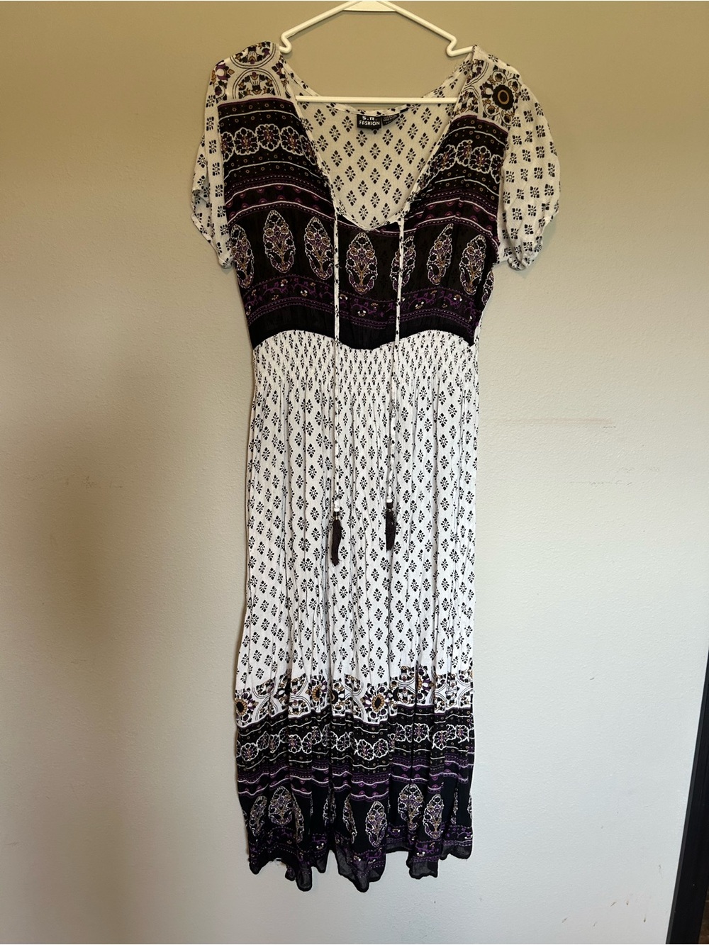 Boho Printed White and Purple Midi Dress